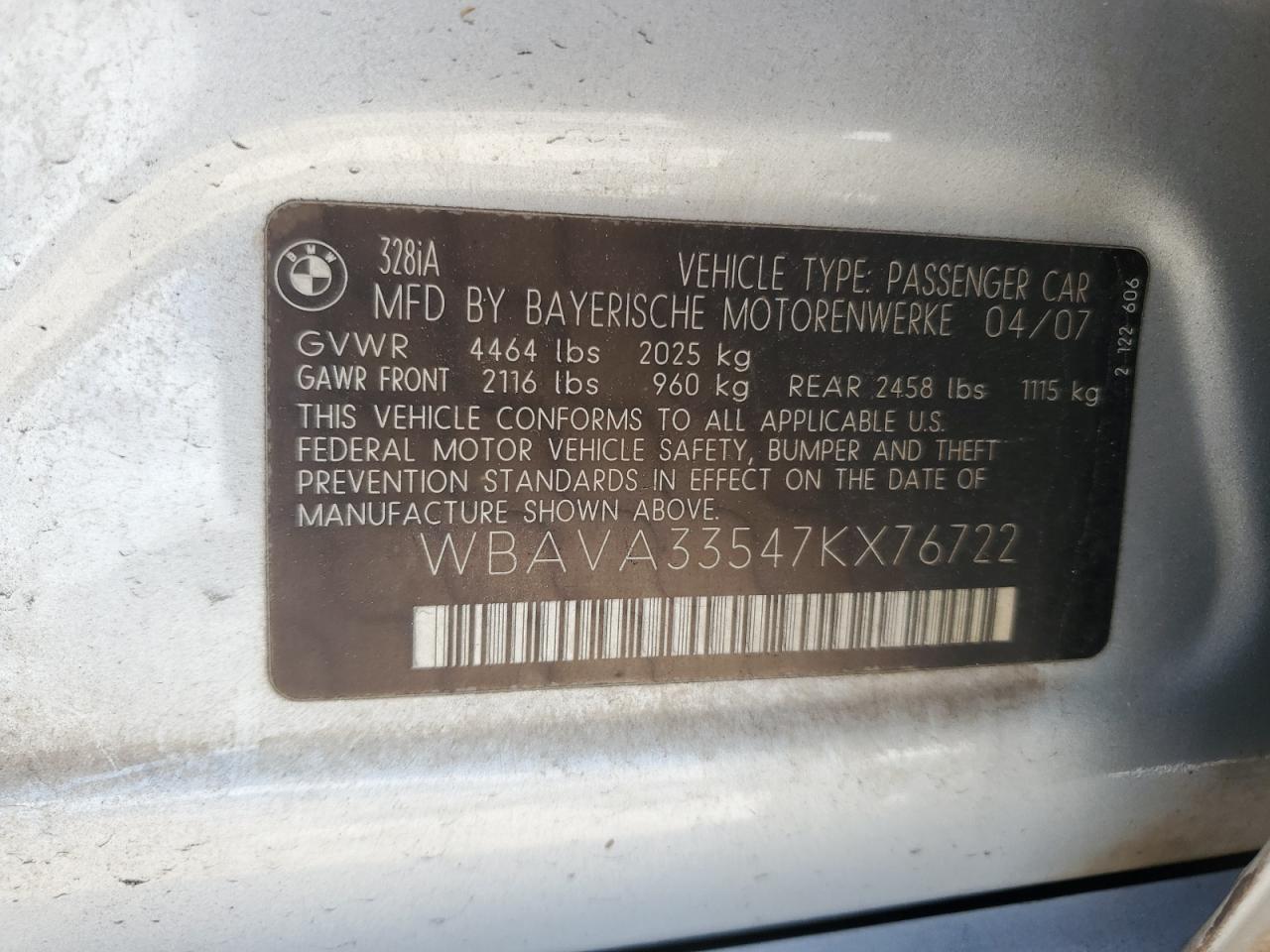 2007 BMW 328 I VIN: WBAVA33547KX76722 Lot: 56308305