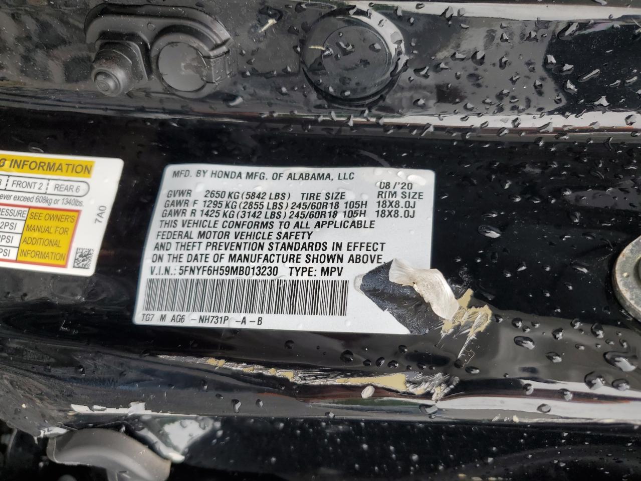 2021 Honda Pilot Exl VIN: 5FNYF6H59MB013230 Lot: 56870135