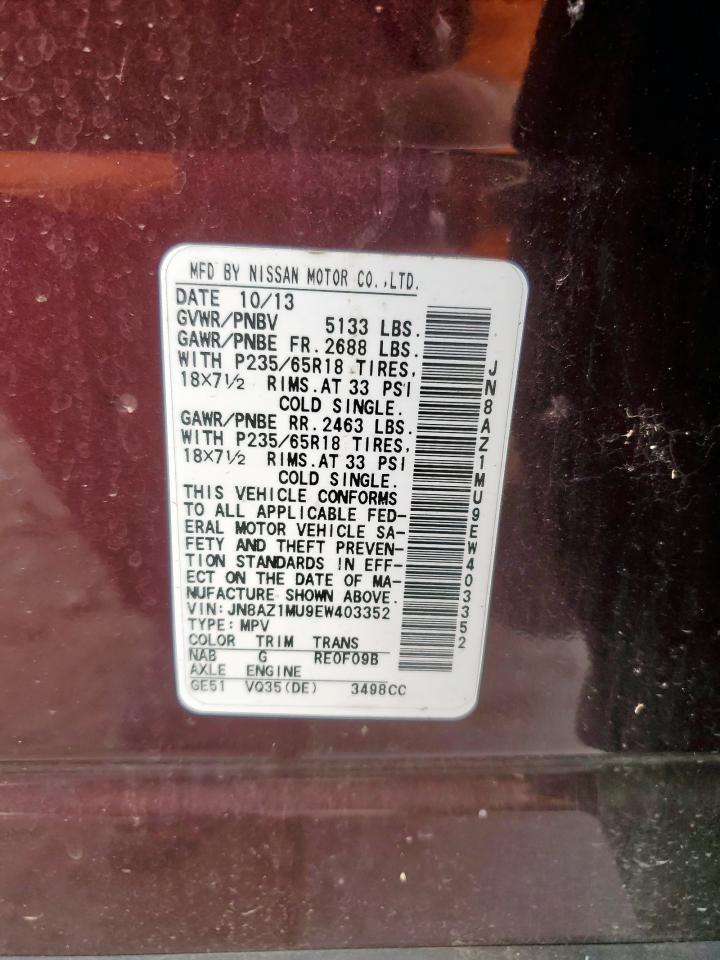 2014 Nissan Murano S VIN: JN8AZ1MU9EW403352 Lot: 56787185