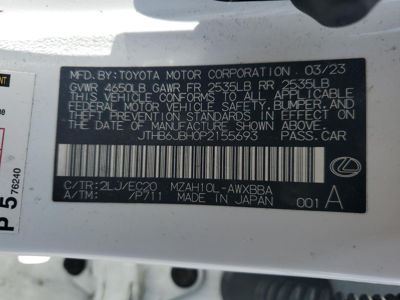 2023 Lexus Ux 250H Base VIN: JTHB6JBH0P2155693 Lot: 56769475