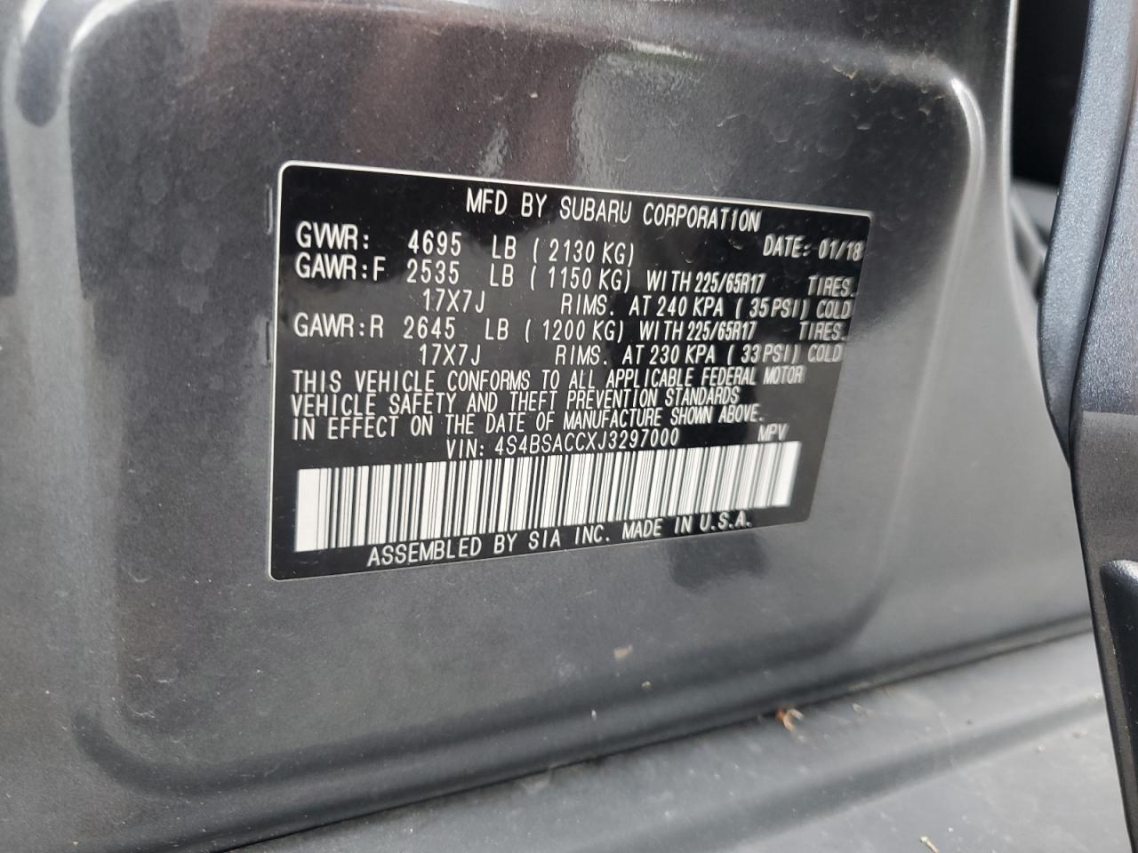 2018 Subaru Outback 2.5I Premium VIN: 4S4BSACCXJ3297000 Lot: 57282475