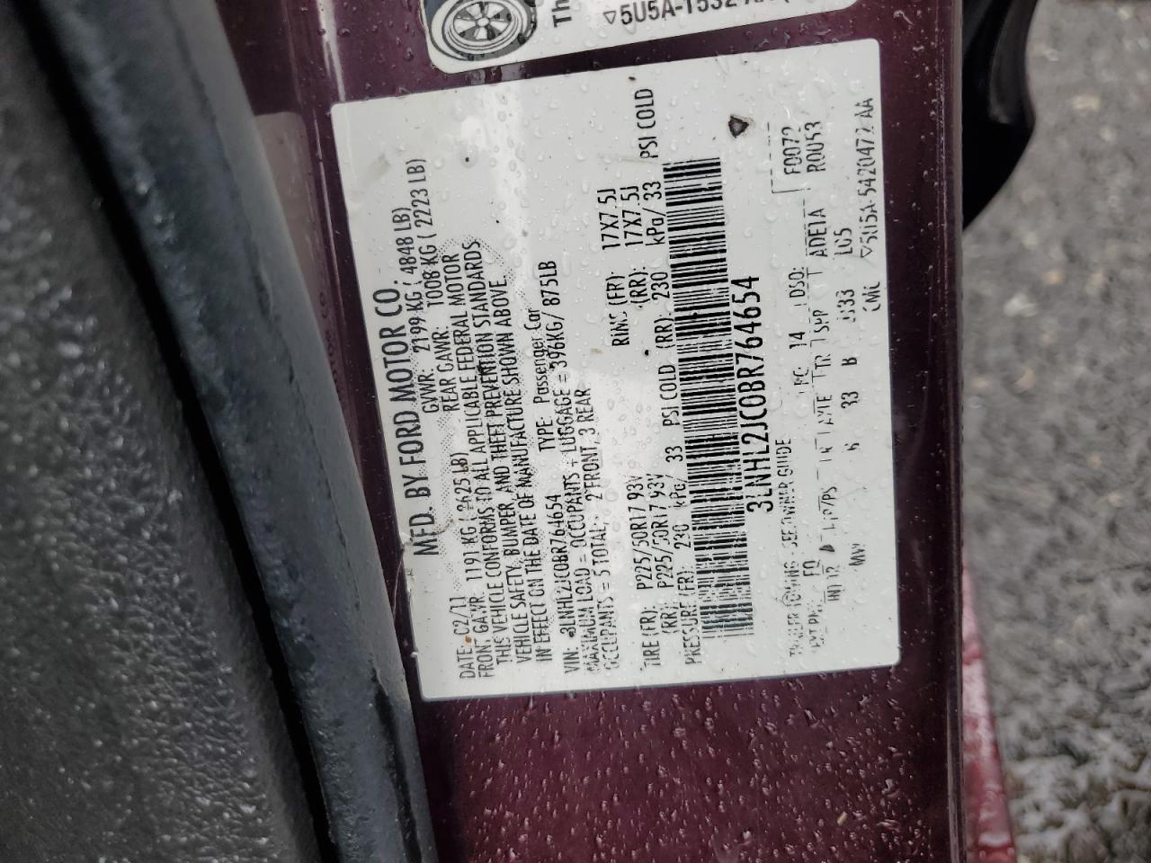 2011 Lincoln Mkz VIN: 3LNHL2JC0BR764654 Lot: 57295725