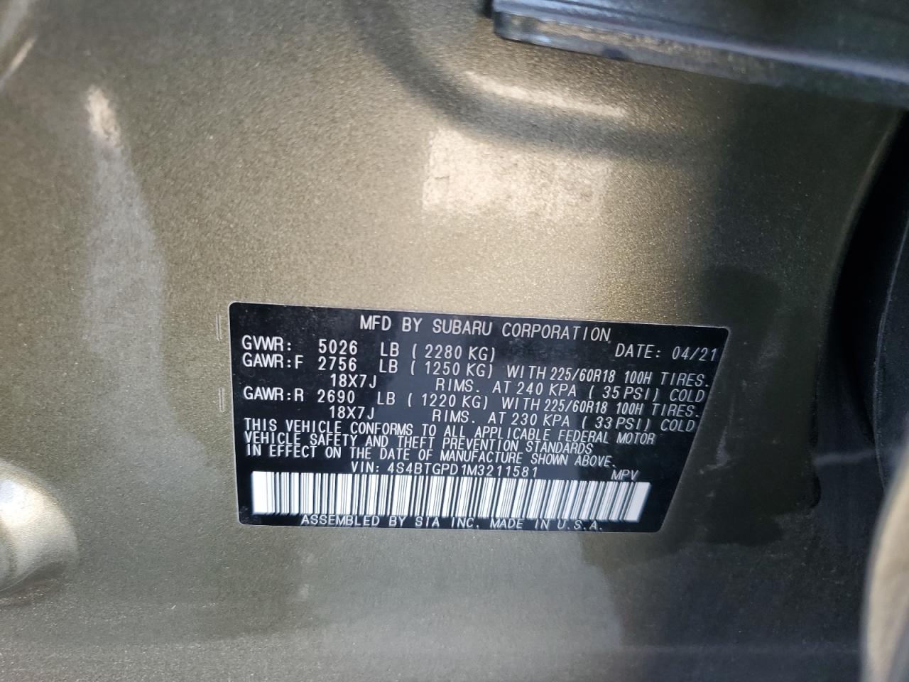 2021 Subaru Outback Touring VIN: 4S4BTGPD1M3211581 Lot: 57444685