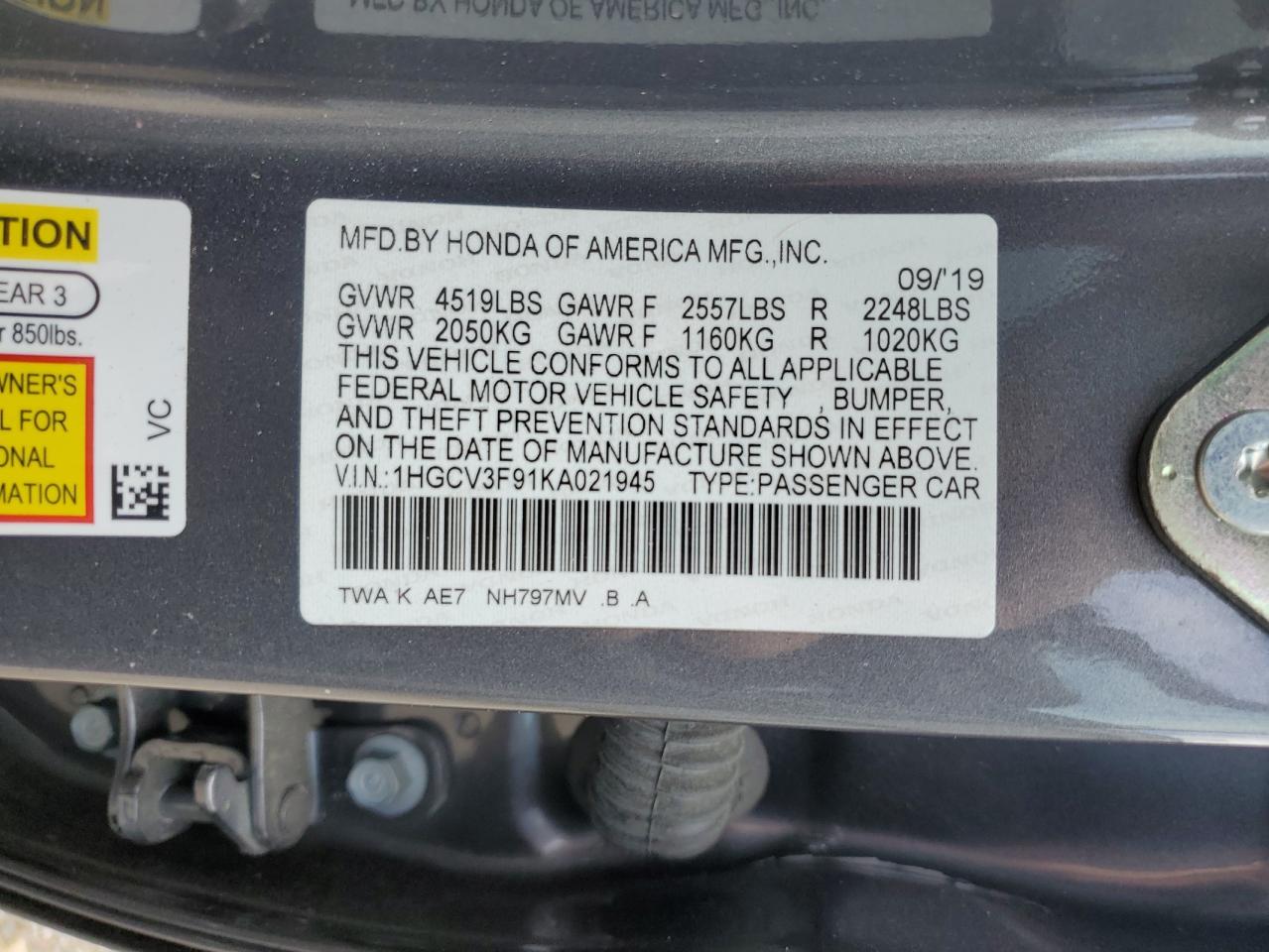 2019 Honda Accord Touring Hybrid VIN: 1HGCV3F91KA021945 Lot: 56605965