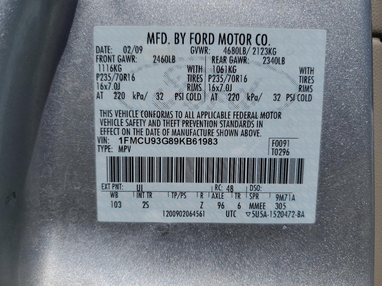 2009 Ford Escape Xlt VIN: 1FMCU93G89KB61983 Lot: 55475075