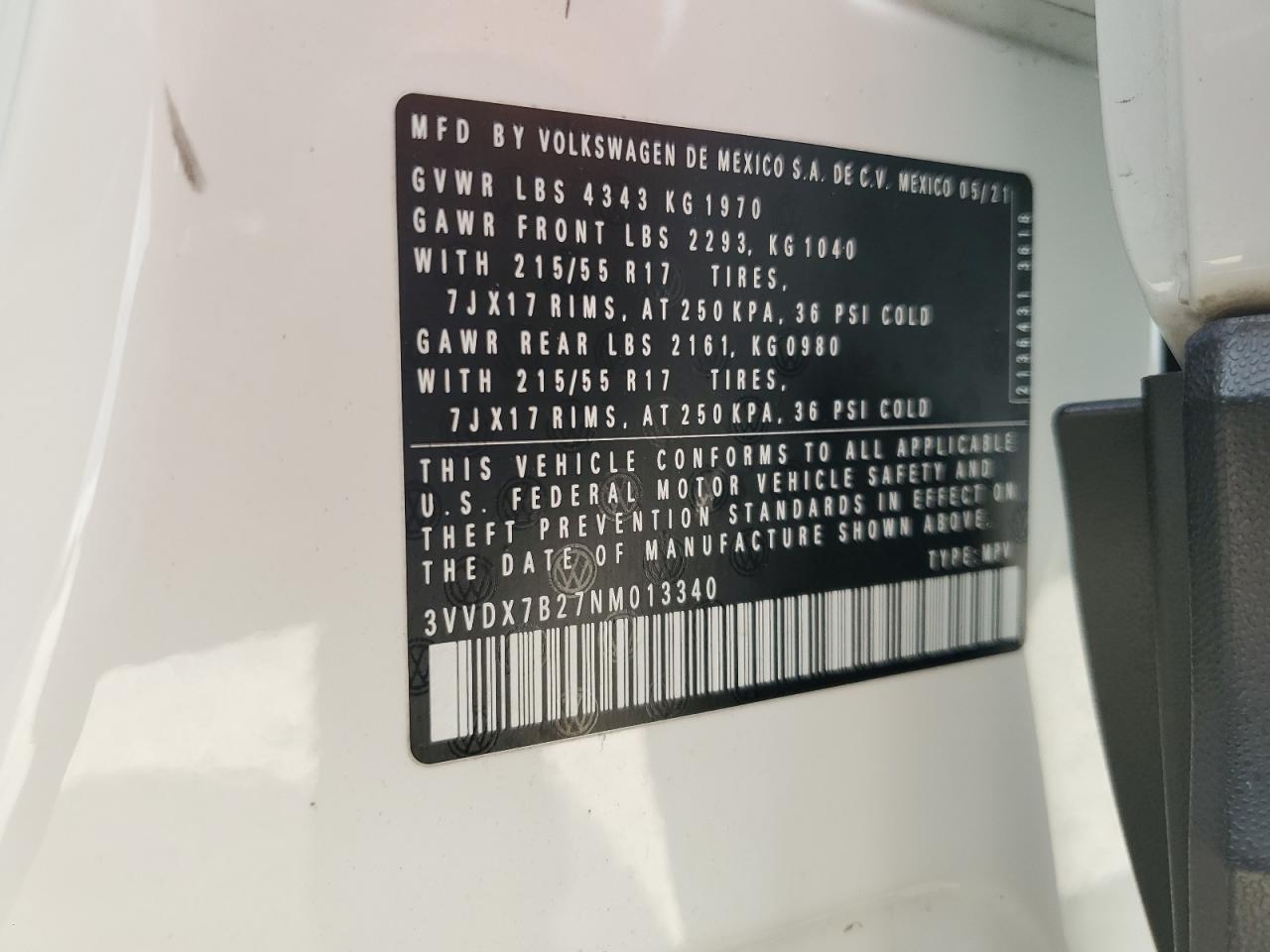 2022 Volkswagen Taos S VIN: 3VVDX7B27NM013340 Lot: 56896285