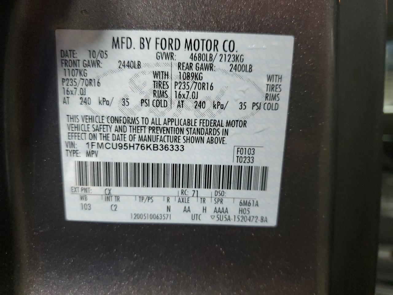 2006 Ford Escape Hev VIN: 1FMCU95H76KB36333 Lot: 55693945