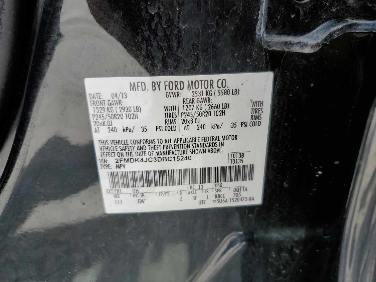 2013 Ford Edge Sel VIN: 2FMDK4JC3DBC15240 Lot: 56914855