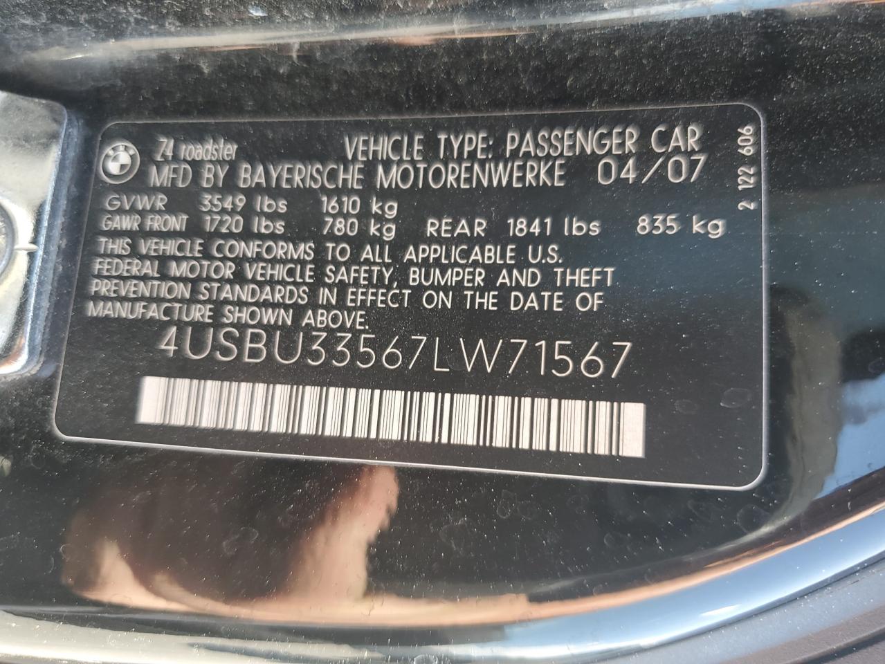 2007 BMW Z4 3.0 VIN: 4USBU33567LW71567 Lot: 56680695