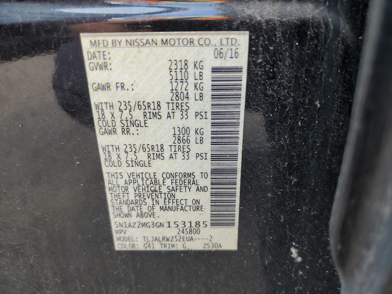 2016 Nissan Murano S VIN: 5N1AZ2MG3GN153185 Lot: 56737475