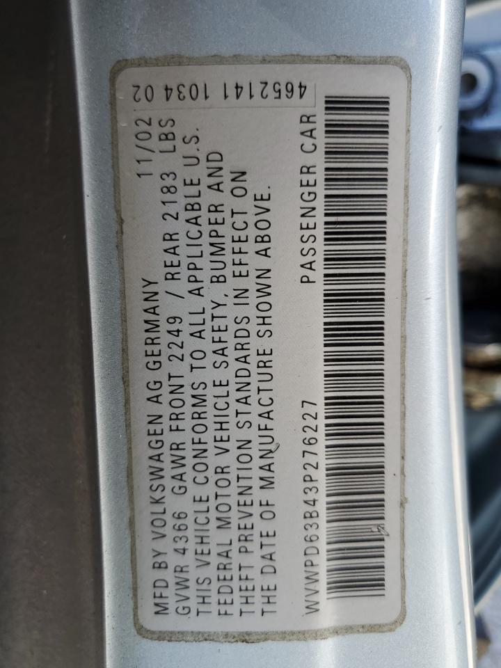 2003 Volkswagen Passat Gls VIN: WVWPD63B43P276227 Lot: 57148725