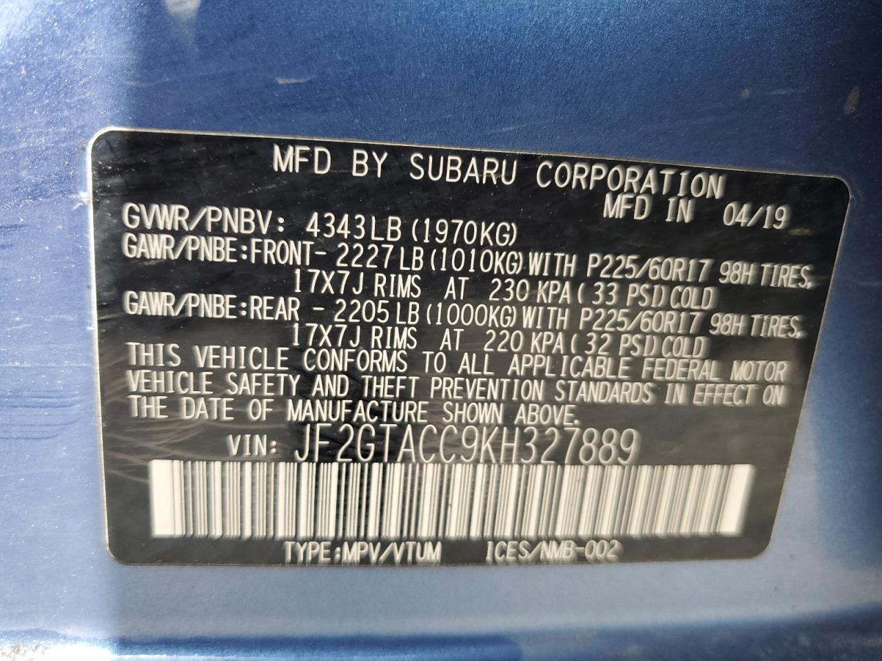 2019 Subaru Crosstrek Premium VIN: JF2GTACC9KH327889 Lot: 56737185