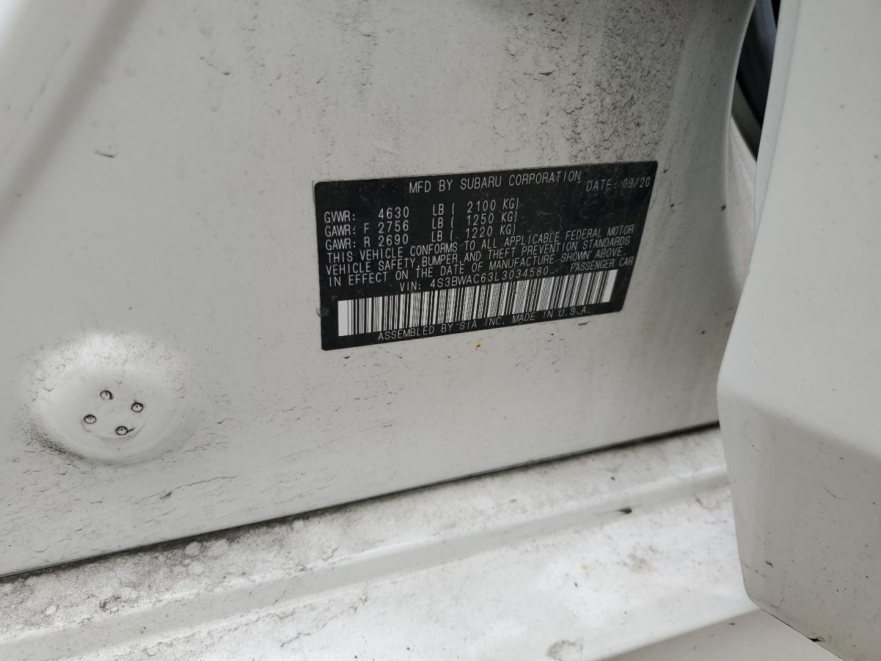 2020 Subaru Legacy Premium VIN: 4S3BWAC63L3034580 Lot: 56826525