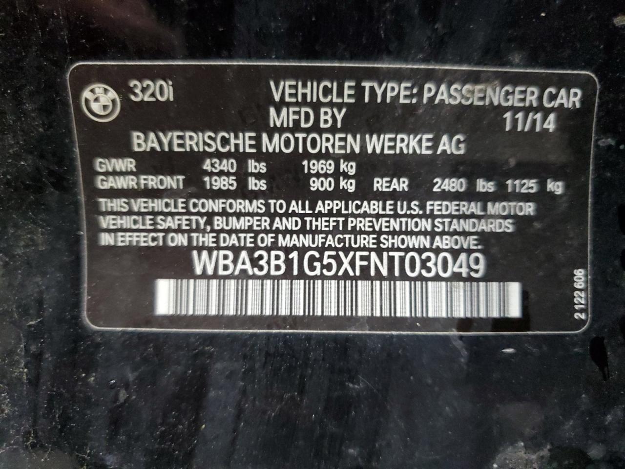 2015 BMW 320 I VIN: WBA3B1G5XFNT03049 Lot: 55789795