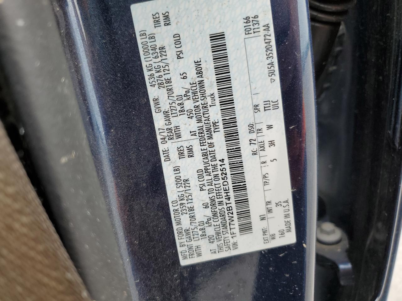 2017 Ford F250 Super Duty VIN: 1FT7W2BT4HED52514 Lot: 56419905