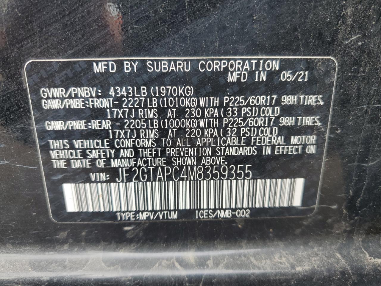 2021 Subaru Crosstrek Premium VIN: JF2GTAPC4M8359355 Lot: 55456115