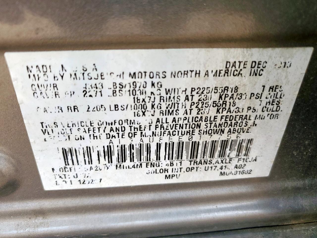 2014 Mitsubishi Outlander Sport Es VIN: 4A4AP3AU8EE017750 Lot: 57254825