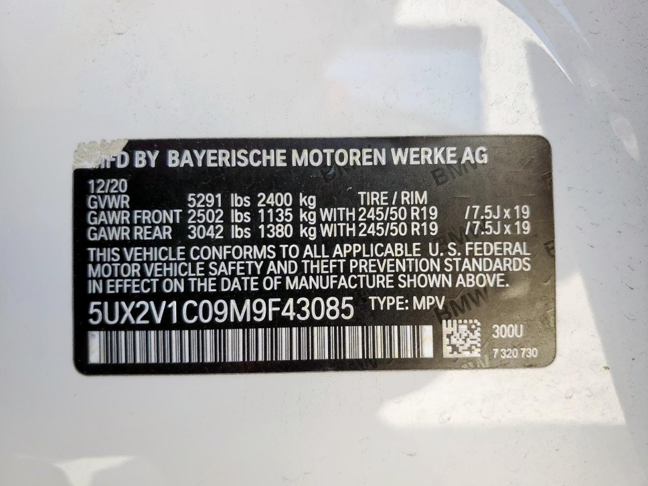 2021 BMW X4 xDrive30I VIN: 5UX2V1C09M9F43085 Lot: 56329655