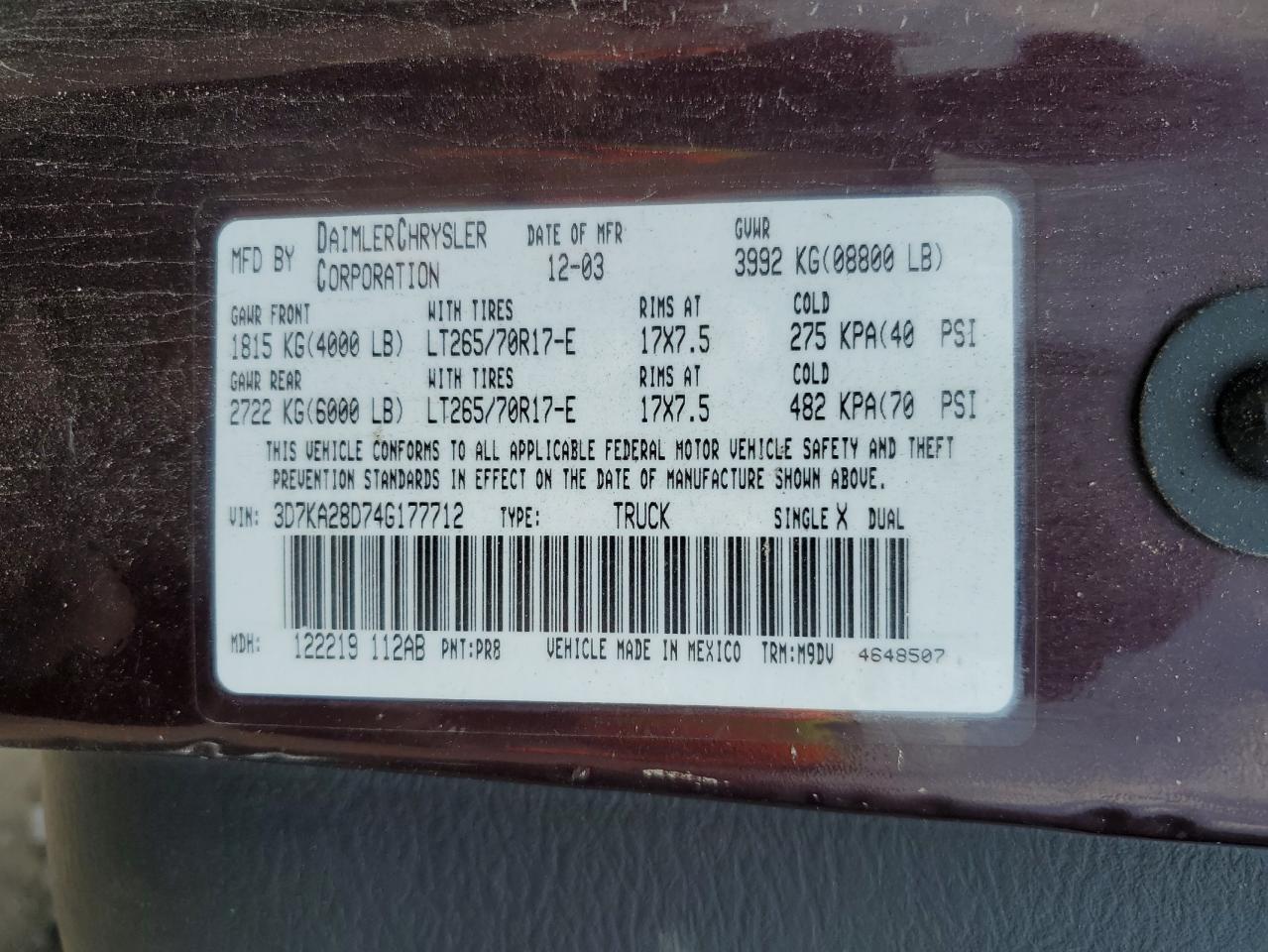 2004 Dodge Ram 2500 St VIN: 3D7KA28D74G177712 Lot: 56216455