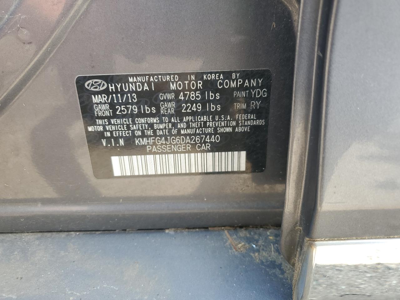 2013 Hyundai Azera VIN: KMHFG4JG6DA267440 Lot: 55938985