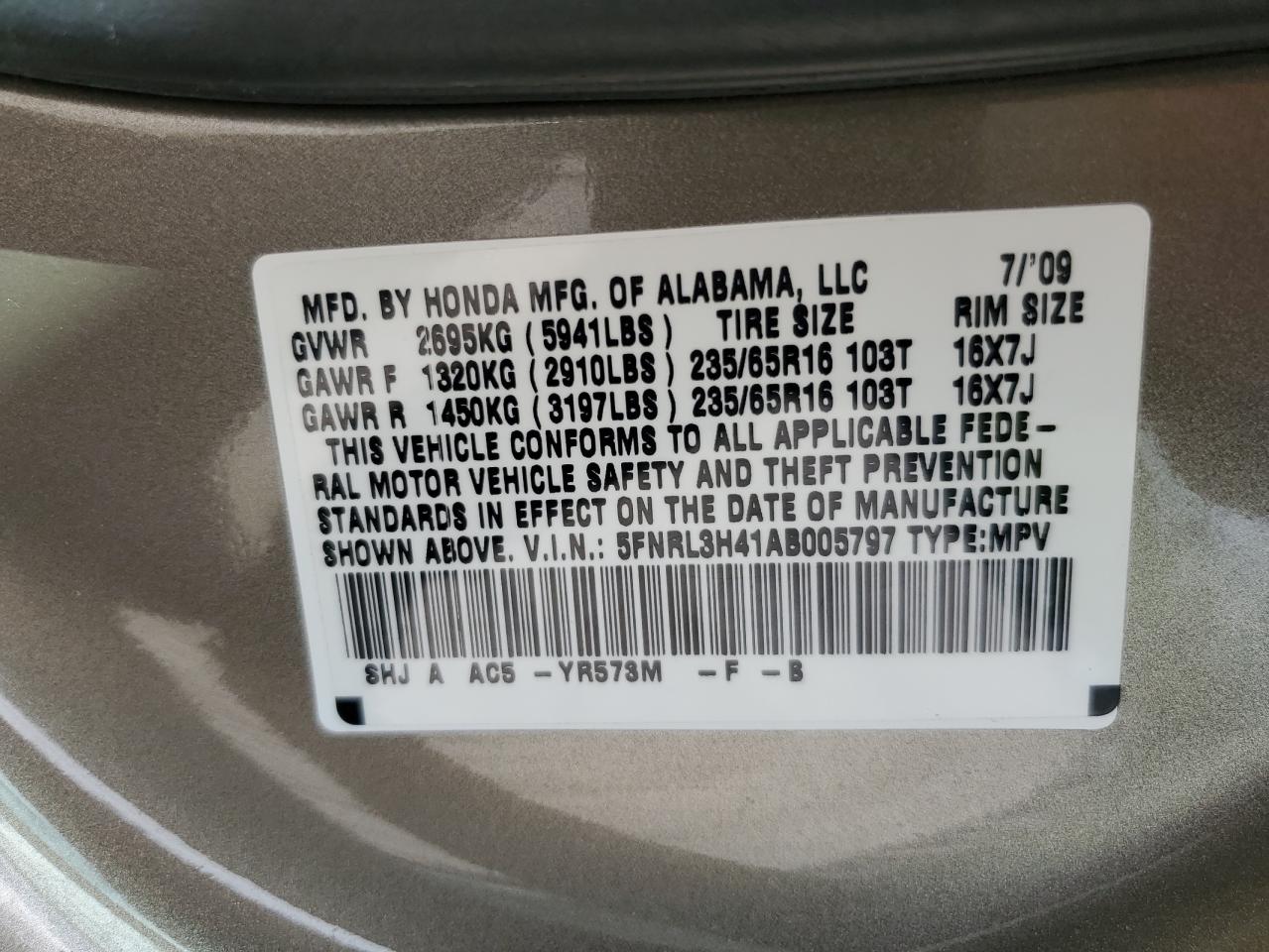 2010 Honda Odyssey Ex VIN: 5FNRL3H41AB005797 Lot: 56759595