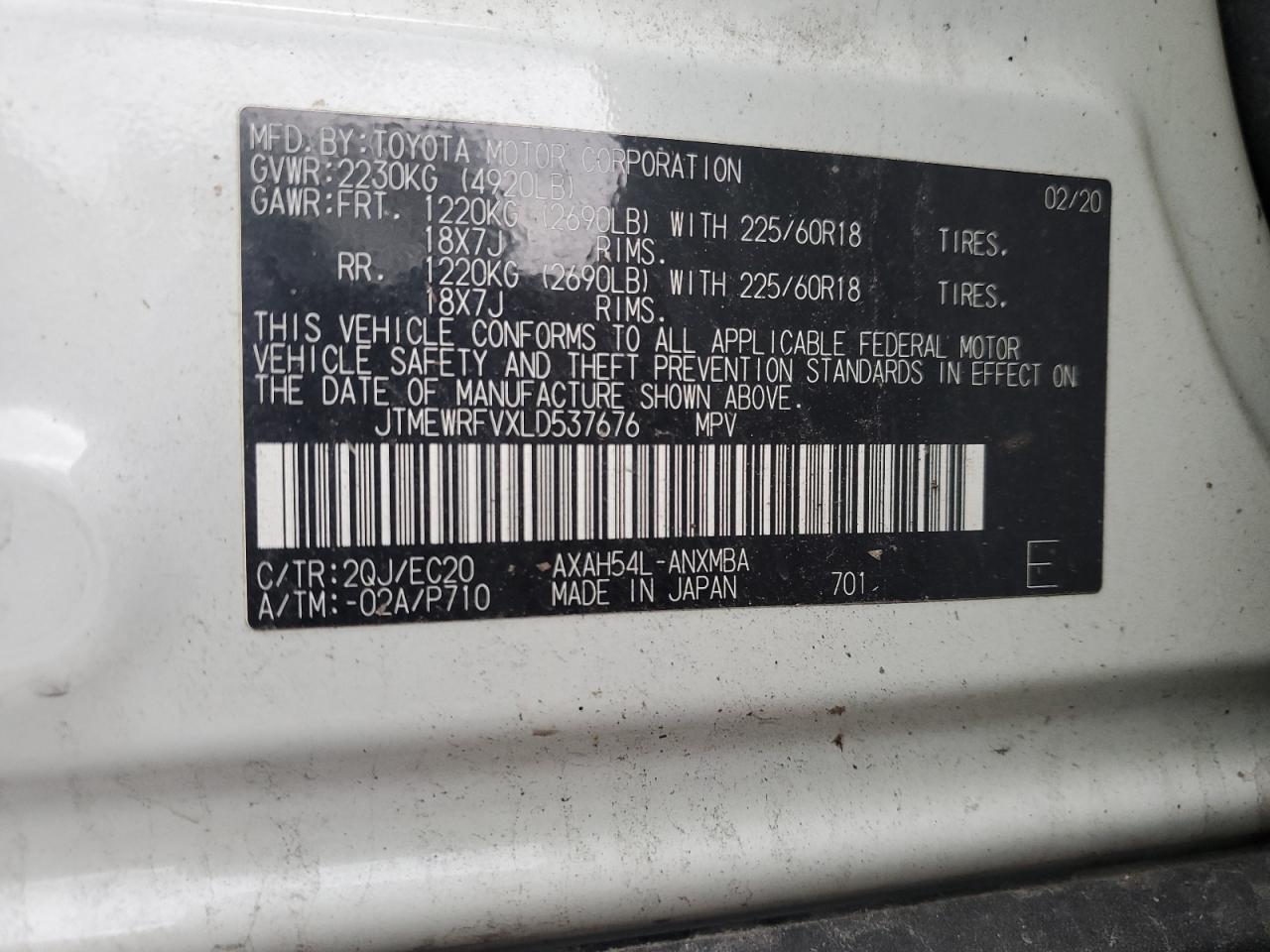 2020 Toyota Rav4 Xse VIN: JTMEWRFVXLD537676 Lot: 56475245