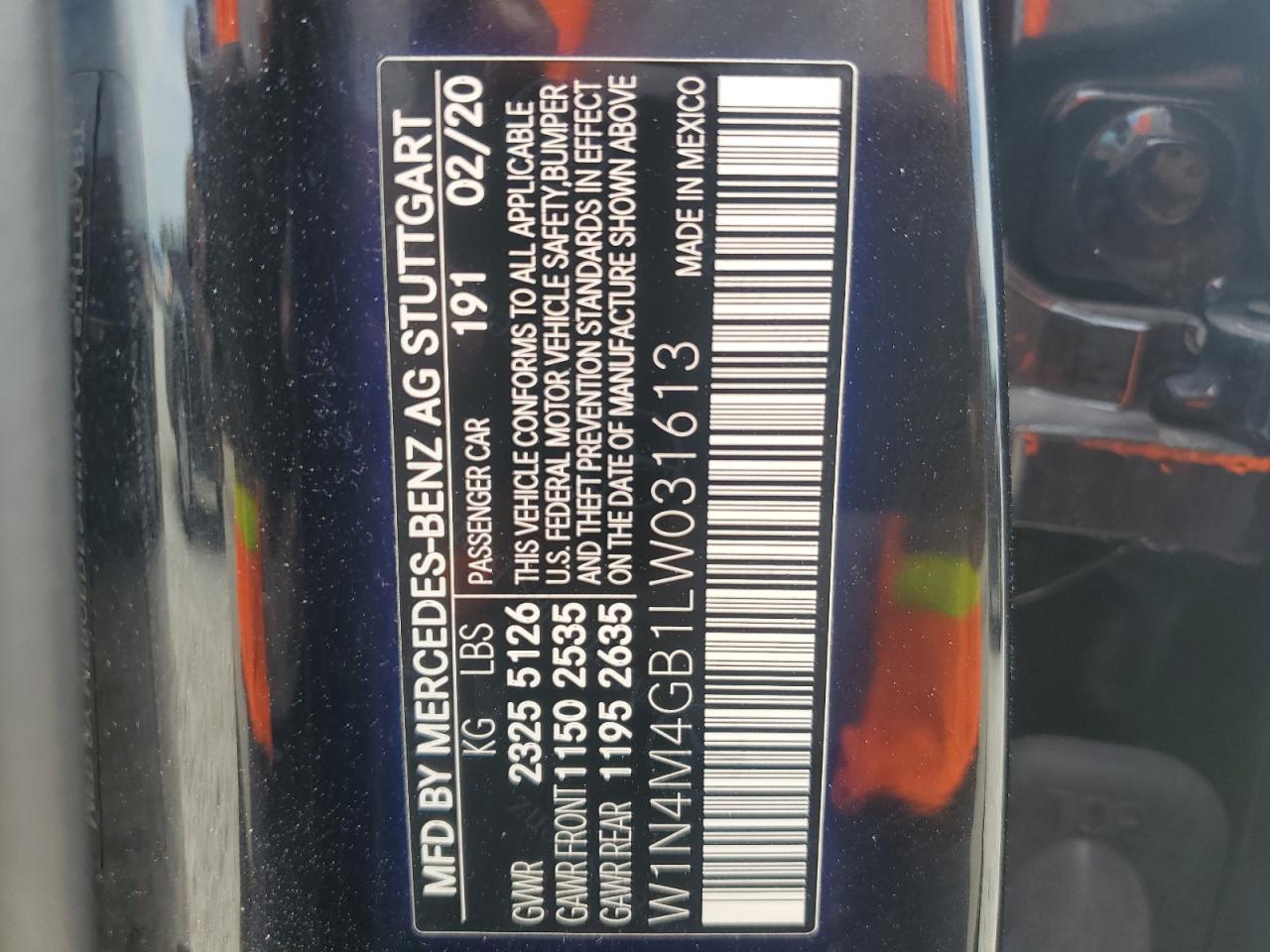 2020 Mercedes-Benz Glb 250 VIN: W1N4M4GB1LW031613 Lot: 55923675