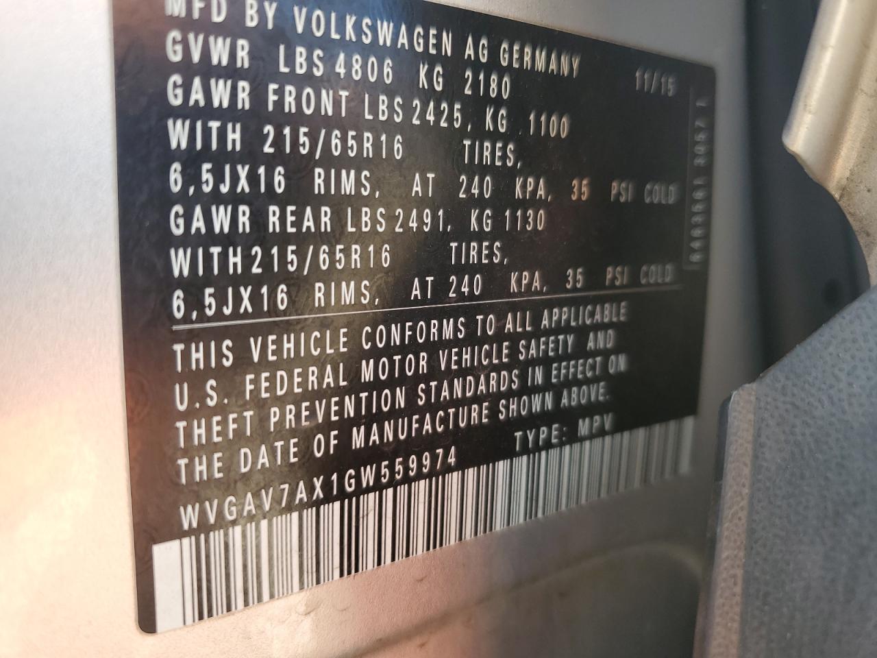 2016 Volkswagen Tiguan S VIN: WVGAV7AX1GW559974 Lot: 57362905