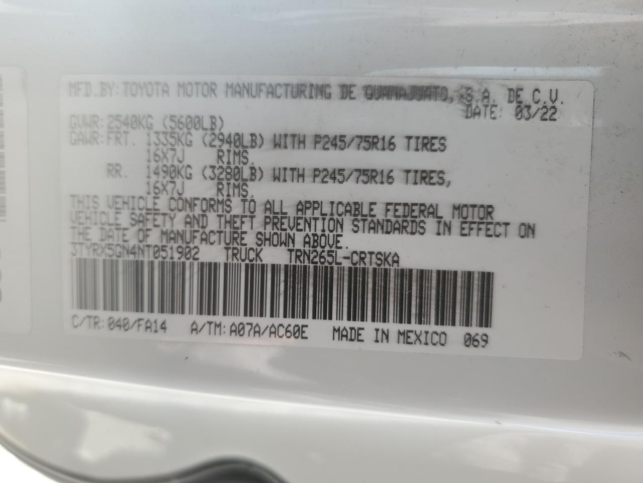 2022 Toyota Tacoma Access Cab VIN: 3TYRX5GN4NT051902 Lot: 54012315