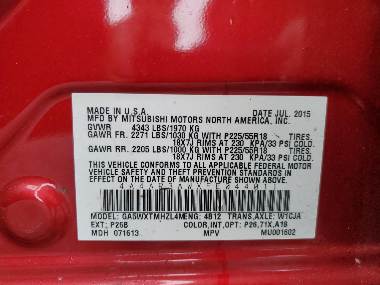 2015 Mitsubishi Outlander Sport Es VIN: 4A4AR3AWXFE044011 Lot: 56977885