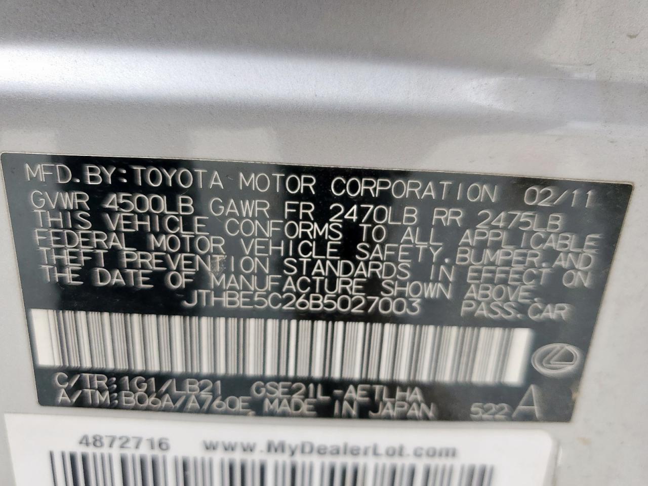 2011 Lexus Is 350 VIN: JTHBE5C26B5027003 Lot: 55992415