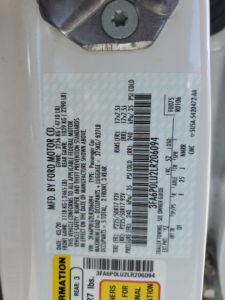 2020 Ford Fusion Se VIN: 3FA6P0LU2LR206094 Lot: 54022705