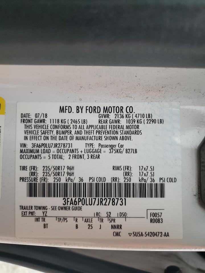 2018 Ford Fusion Se Hybrid VIN: 3FA6P0LU7JR278731 Lot: 54032245