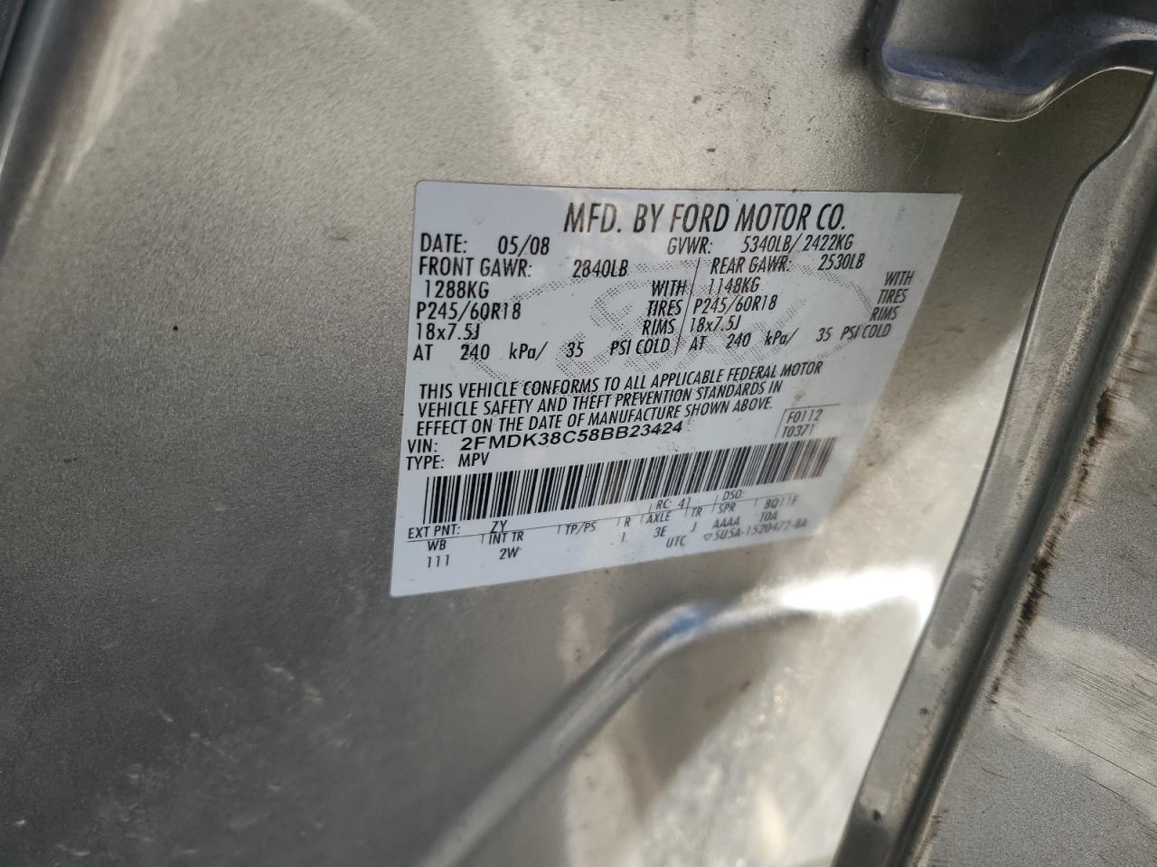2008 Ford Edge Sel VIN: 2FMDK38C58BB23424 Lot: 57093665