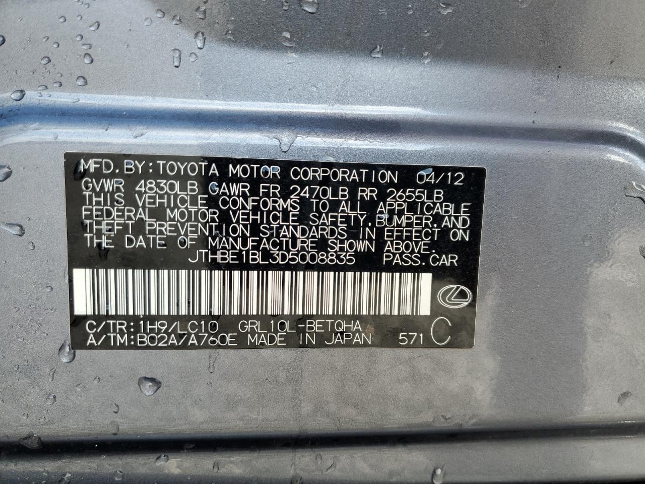 2013 Lexus Gs 350 VIN: JTHBE1BL3D5008835 Lot: 57025865