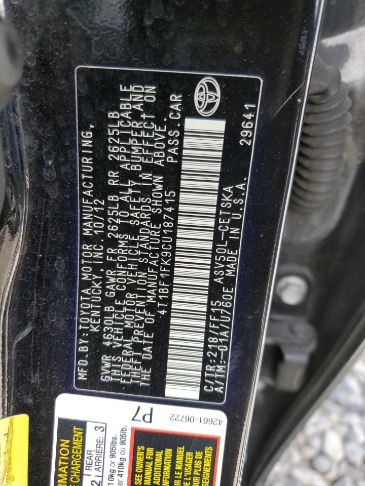 2012 Toyota Camry Base VIN: 4T1BF1FK9CU187415 Lot: 56798085