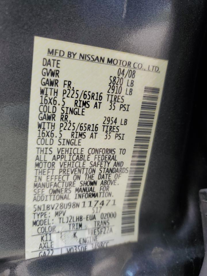 2008 Nissan Quest S VIN: 5N1BV28U98N117471 Lot: 55603595