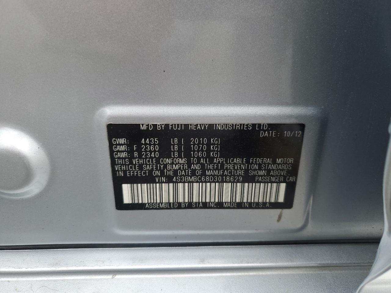 2013 Subaru Legacy 2.5I Premium VIN: 4S3BMBC68D3018629 Lot: 58427745