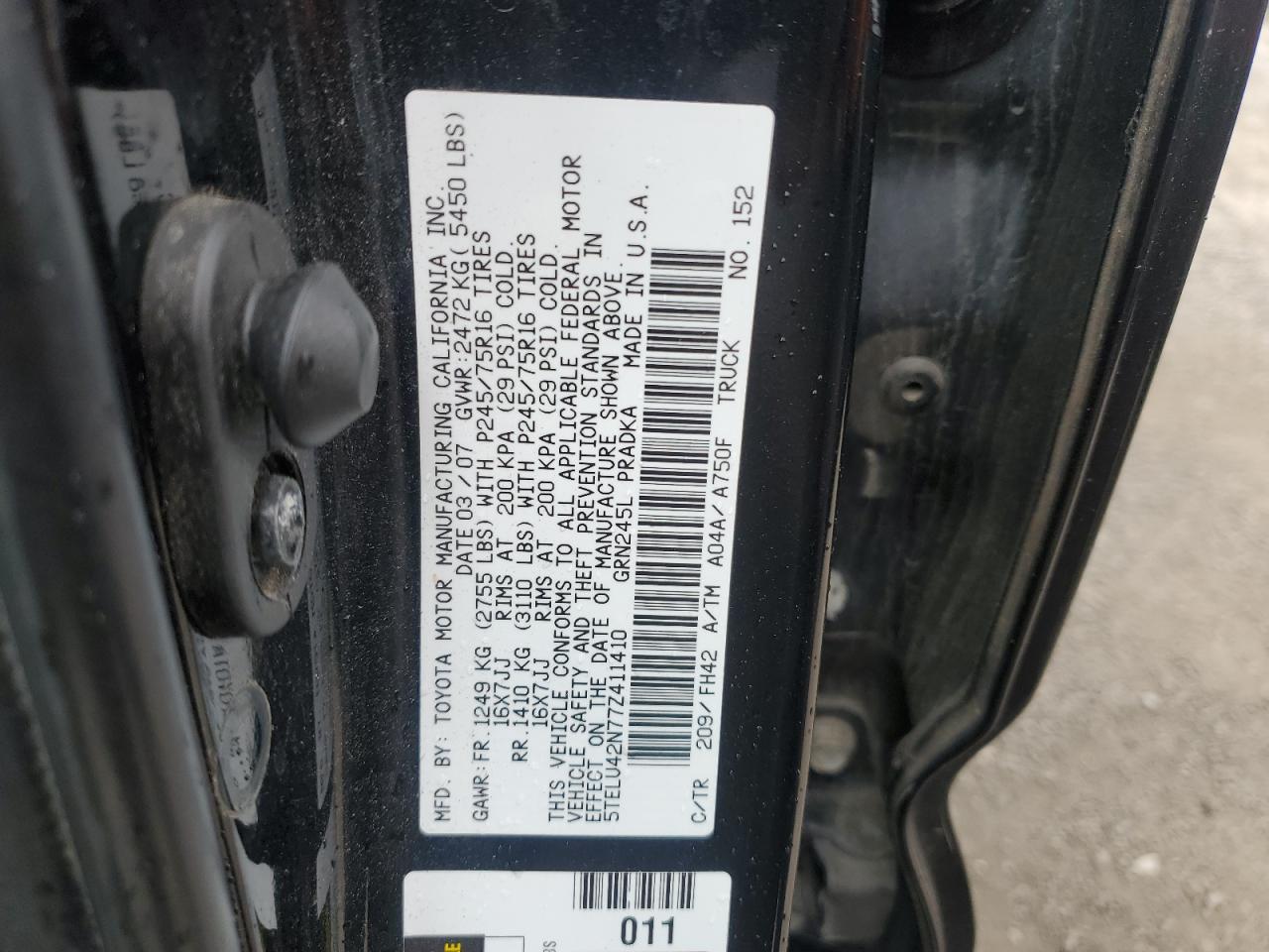 2007 Toyota Tacoma Double Cab VIN: 5TELU42N77Z411410 Lot: 56695235