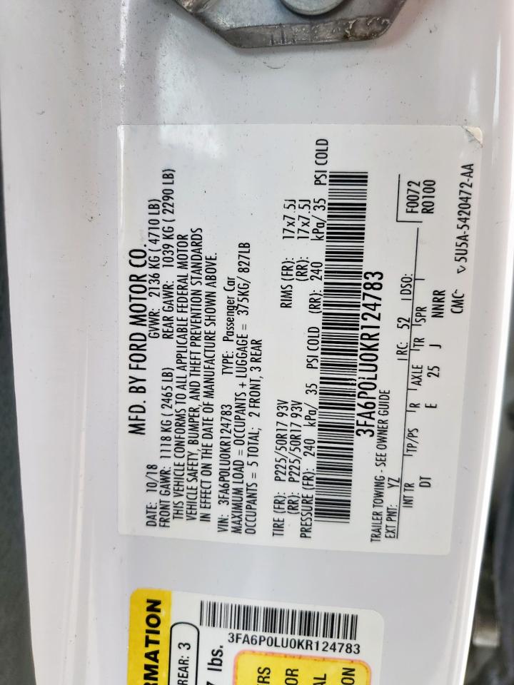 2019 Ford Fusion Se VIN: 3FA6P0LU0KR124783 Lot: 55083355