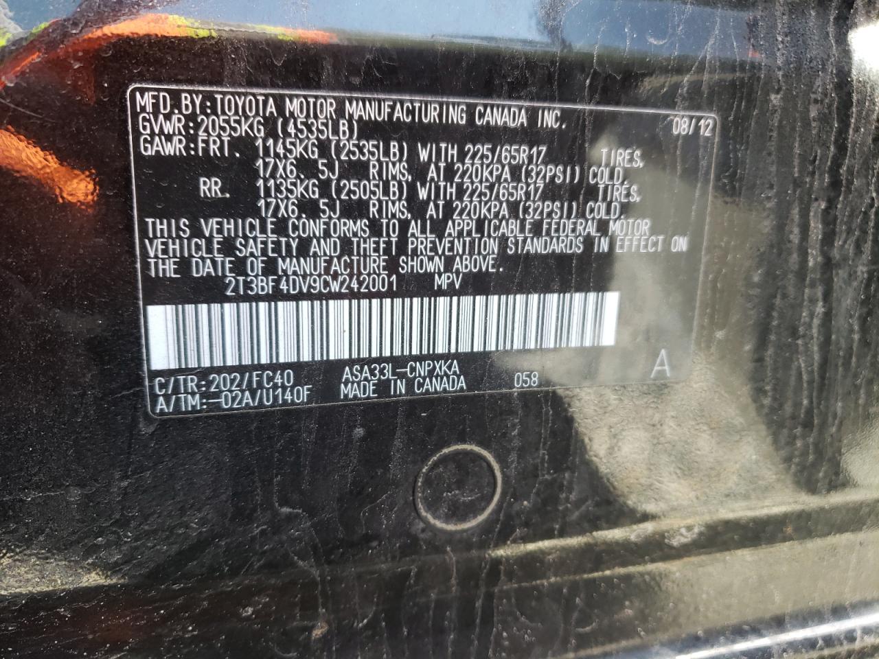 2012 Toyota Rav4 VIN: 2T3BF4DV9CW242001 Lot: 51161535