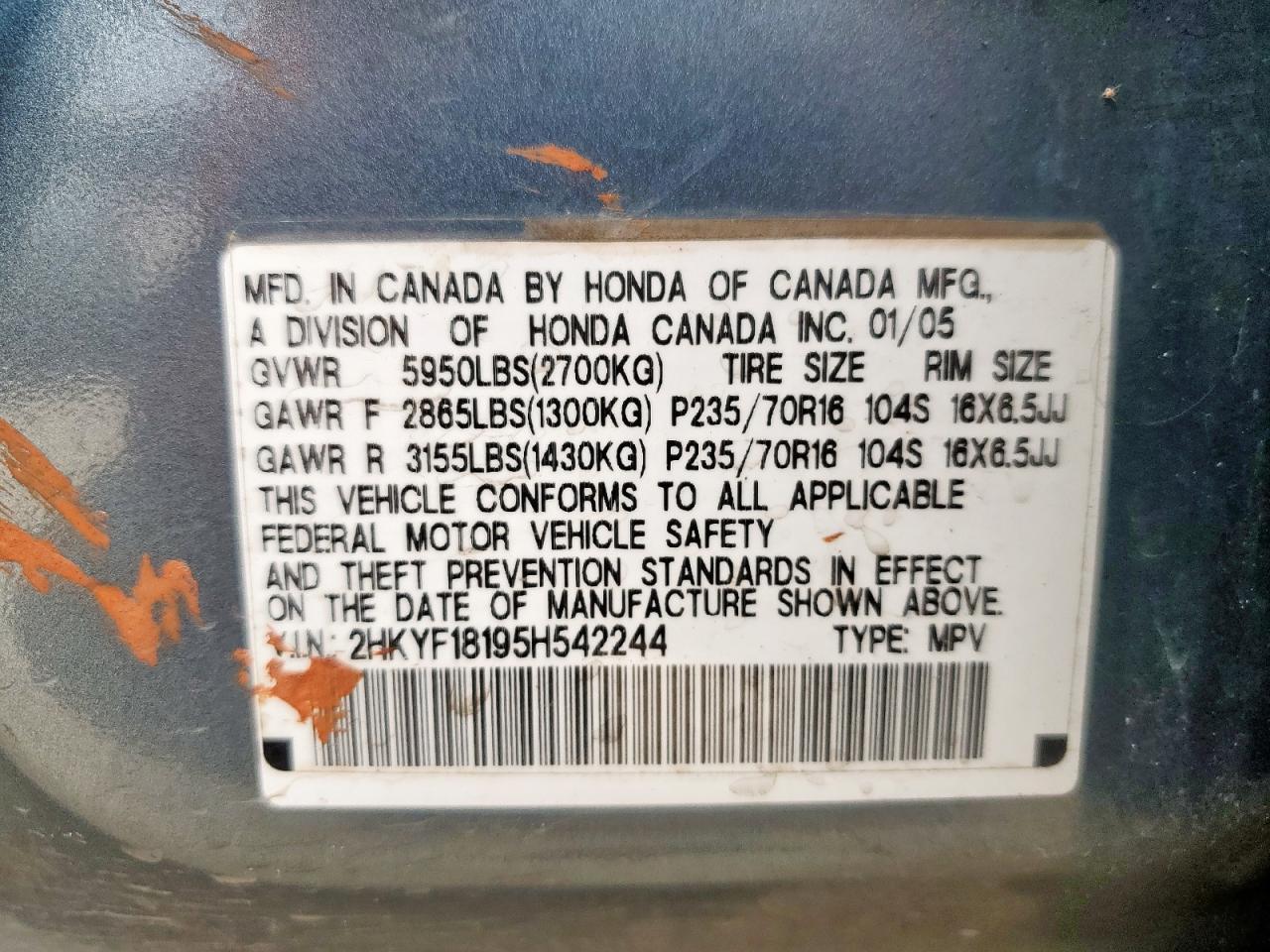 2005 Honda Pilot Lx VIN: 2HKYF18195H542244 Lot: 58938925