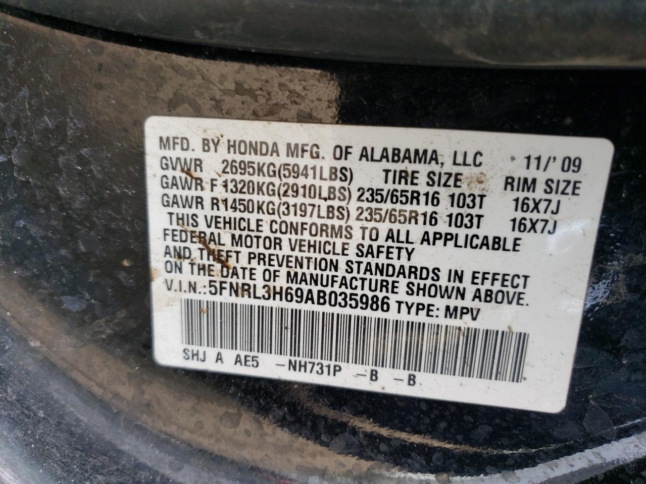 2010 Honda Odyssey Exl VIN: 5FNRL3H69AB035986 Lot: 54791005