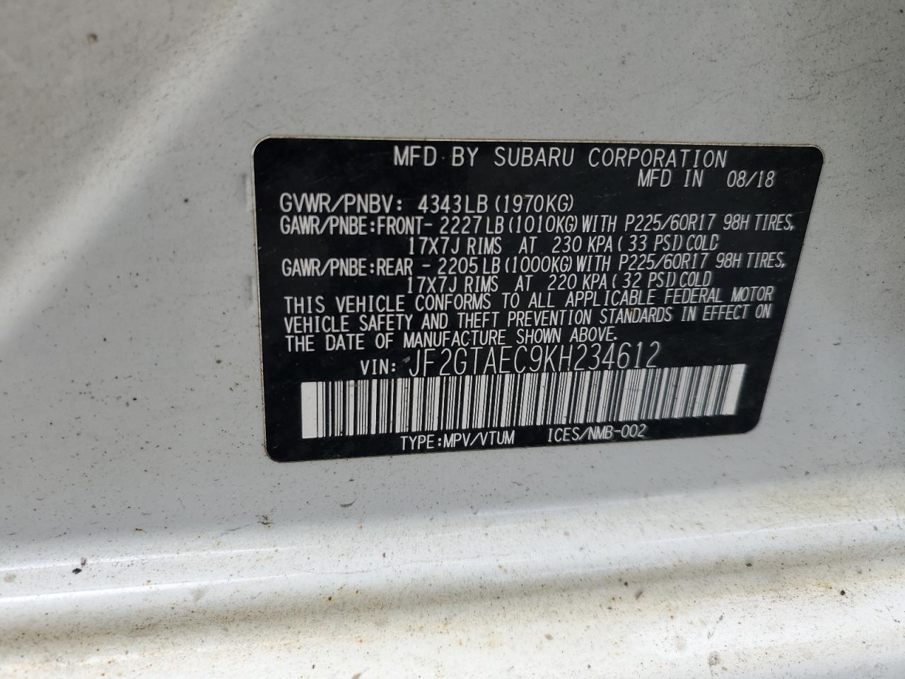 2019 Subaru Crosstrek Premium VIN: JF2GTAEC9KH234612 Lot: 58573495