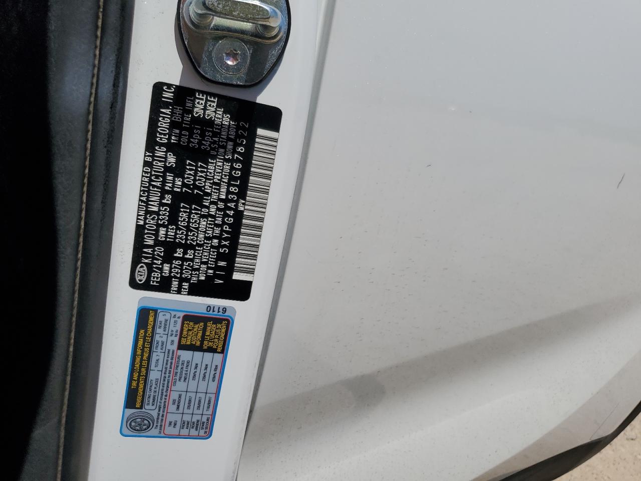 2020 Kia Sorento L VIN: 5XYPG4A38LG678522 Lot: 56675735