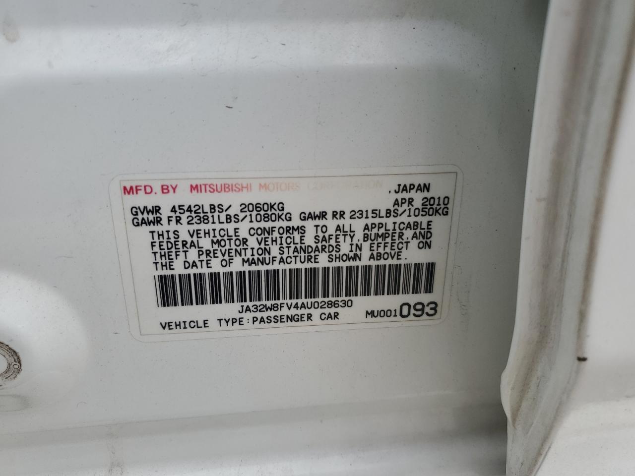 2010 Mitsubishi Lancer Evolution Gsr VIN: JA32W8FV4AU028630 Lot: 57646585