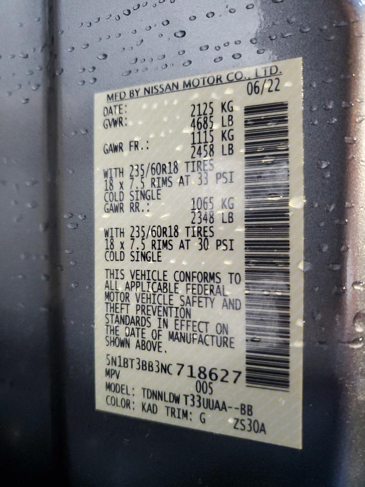 2022 Nissan Rogue Sv VIN: 5N1BT3BB3NC718627 Lot: 56659755