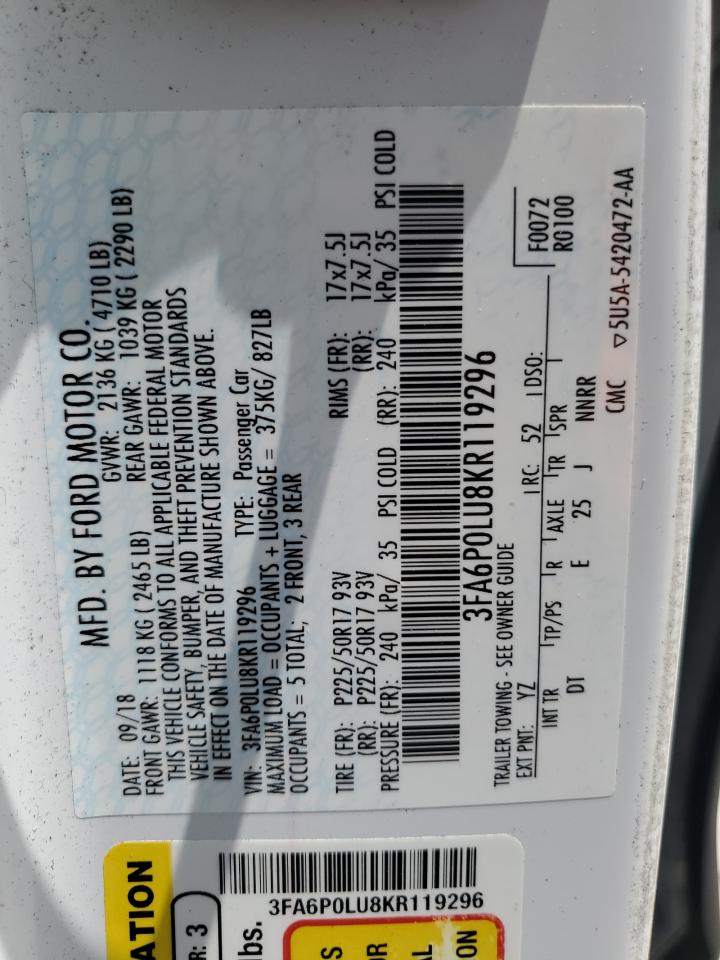 2019 Ford Fusion Se VIN: 3FA6P0LU8KR119296 Lot: 54043075