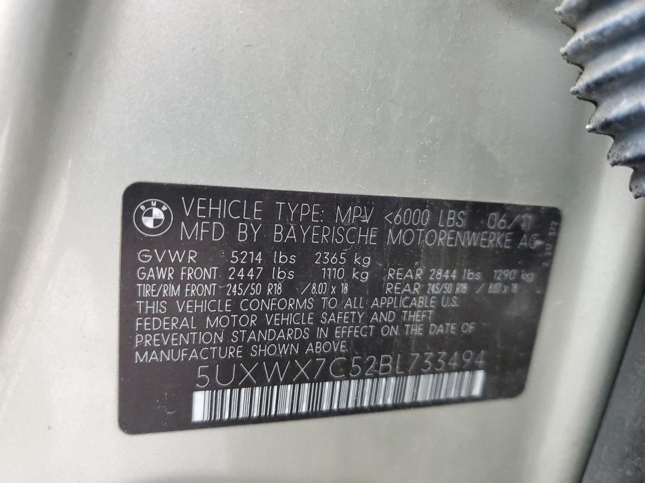 2011 BMW X3 xDrive35I VIN: 5UXWX7C52BL733494 Lot: 57265885