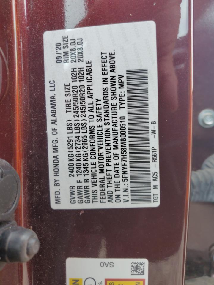 2021 Honda Passport Exl VIN: 5FNYF7H58MB000510 Lot: 55637755